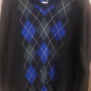 Tommy Hilfiger Black V‑Neck Sweater with Blue and Green Argyle